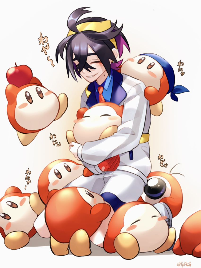 1boy apple bandana_waddle_dee black_hair blue_shirt blush closed_eyes collared_shirt crossed_bangs crossover food fruit hair_between_eyes highres holding holding_food holding_fruit jacket kieran_(pokemon) kirby_(series) kneeling long_sleeves male_focus mole mole_on_neck pokemon pokemon_sv purple_hair shirt shorts simple_background twitter_username waddle_dee waddle_doo yp0kg