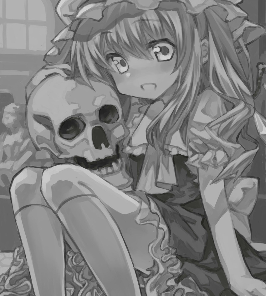 1girl ascot back_bow bow collared_shirt denchu_(kazudentyu) feet_out_of_frame flandre_scarlet frilled_shirt_collar frilled_skirt frilled_sleeves frills hair_between_eyes hat hat_ribbon highres holding holding_skull kneehighs long_hair looking_at_viewer making-of mob_cap open_mouth puffy_short_sleeves puffy_sleeves ribbon shirt short_sleeves skirt skull socks solo touhou vest