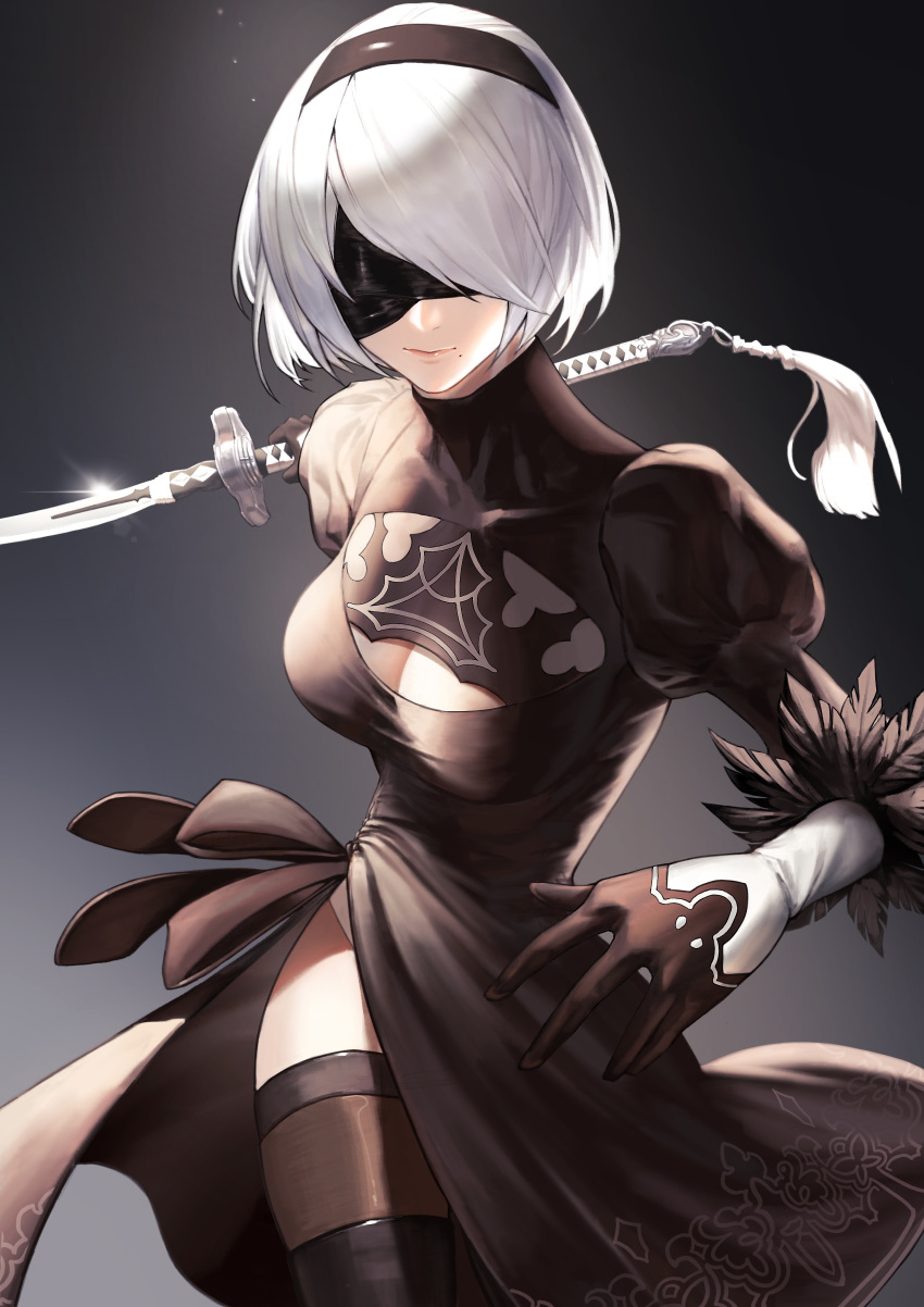 1girl 2b_(nier:automata) absurdres back_cutout black_background black_blindfold black_dress black_hairband black_thighhighs blindfold boots breasts cleavage closed_mouth clothing_cutout covered_eyes dress emo37337640 feather-trimmed_sleeves feather_trim gloves hairband highres holding holding_sword holding_weapon juliet_sleeves katana leotard long_sleeves medium_breasts mole mole_under_mouth nier:automata nier_(series) puffy_sleeves short_hair simple_background solo sword thighhighs thighhighs_under_boots weapon white_hair white_leotard white_tassel