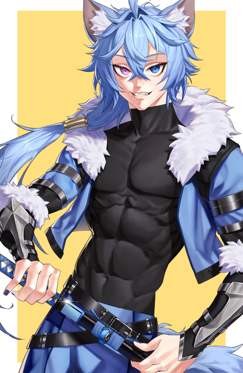 1boy absurdres ahoge animal_ear_fluff animal_ears apollo_(vtuber) black_shirt blue_eyes blue_hair blue_jacket blue_pants commission drawing_sword emo37337640 fangs fur-trimmed_jacket fur_trim hair_between_eyes heterochromia highres holding holding_sword holding_weapon indie_virtual_youtuber jacket katana long_hair long_sleeves looking_at_viewer male_focus muscular muscular_male open_clothes open_jacket pants ponytail purple_eyes shirt skeb_commission smile solo sword tail teeth virtual_youtuber weapon
