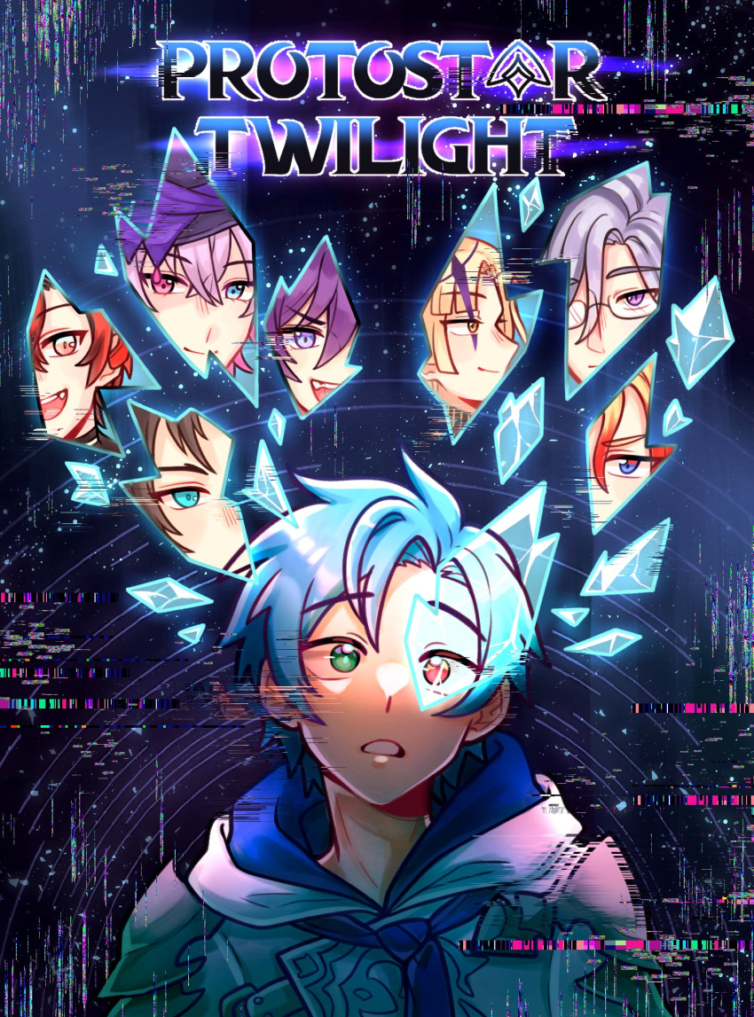 6+boys aqua_eyes axel_syrios banzoin_hakka blonde_hair blue_eyes blue_hair curtained_hair english_commentary english_text gavis_bettel glitch green_eyes grey_hair hair_between_eyes hat heterochromia highres holostars holostars_english holotempus hood hoodie jacket josuiji_shinri looking_at_viewer machina_x_flayon magni_dezmond male_focus multicolored_hair multiple_boys orange_eyes parted_lips pink_eyes purple_eyes purple_hair red_hair regis_altare second-party_source shards short_hair sky smile solo_focus star_(sky) starry_sky static streaked_hair title top_hat upper_body virtual_youtuber white_hoodie yellow_eyes zeitaraart