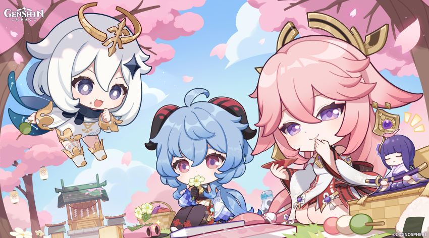 3girls absurdres ahoge apple blue_eyes blue_hair blue_sky bright_pupils cherry_blossoms chibi cloud commentary copyright_name dango dango_milk_(genshin_impact) day english_commentary flower food food_on_face fruit ganyu_(genshin_impact) genshin_impact goat_horns hair_between_eyes hair_ornament highres holding holding_flower holding_skewer horns japanese_clothes knees_up long_sleeves low_ponytail multiple_girls official_art onigiri paimon_(genshin_impact) pantyhose pink_eyes pink_hair purple_eyes raiden_shogun sanshoku_dango sitting skewer sky tree wagashi white_flower white_pupils wide_sleeves yae_miko