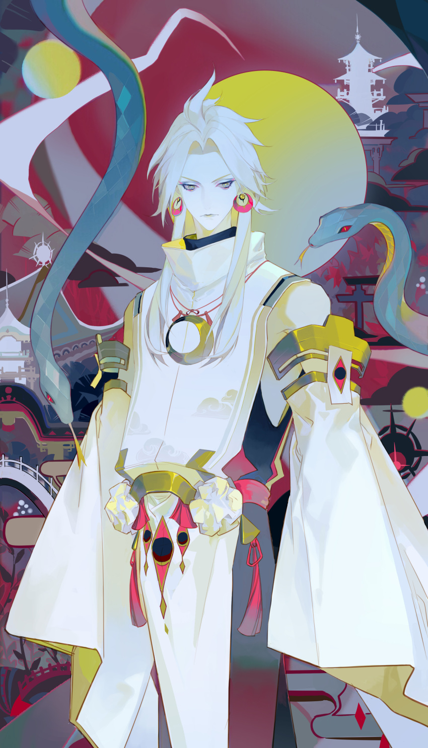 1boy absurdres architecture bishounen closed_mouth colored_skin curtained_hair detached_sleeves earrings east_asian_architecture eyeshadow forked_tongue highres jewelry long_hair long_sleeves looking_at_viewer makeup male_focus onmyoji pale_skin parted_bangs purple_eyes red_background short_hair_with_long_locks snake solo standing susabi_(onmyoji) tassel tassel_earrings tongue white_hair white_snake wide_sleeves yisiwanxi