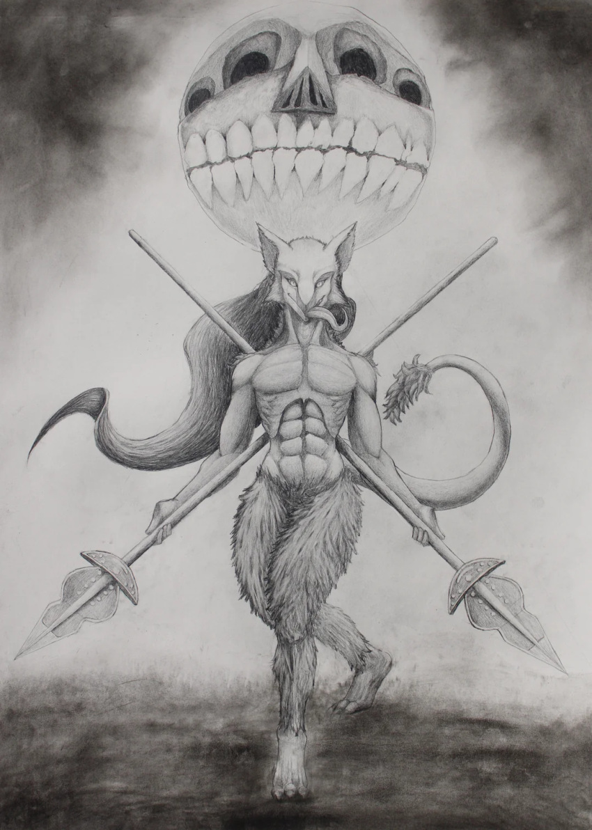 2024 3_toes 4_ears 4_fingers 4_nostrils abs anthro atagamayart barefoot black_and_white deity duo evil_grin featureless_crotch feet fingers fluffy fluffy_ears fluffy_shoulders hair hairy_legs hi_res holding_object holding_spear holding_weapon long_hair long_tongue looking_at_viewer male melee_weapon monochrome moon multi_ear muscular muscular_anthro muscular_male no_pupils nostrills nude polearm rancid_the_sergal rher sergal smile spear tail tail_tuft teeth toes tongue tongue_out tuft walking weapon