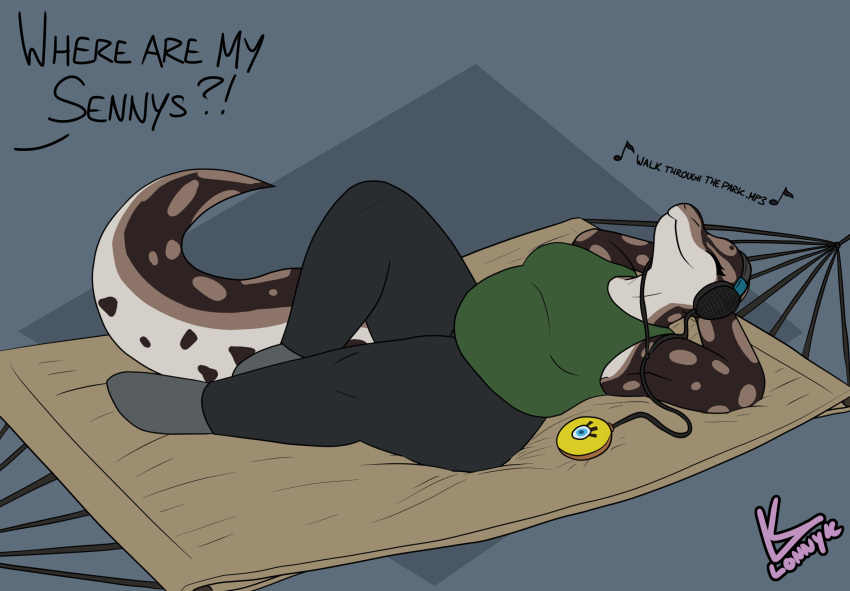 anthro clothing dankpods electronics english_text female frank_(dankpods) hammock hands_behind_head headphones hi_res leggings legwear lonnyk music music_player python reptile scalie shirt sleeping slightly_chubby snake solo tank_top text topwear