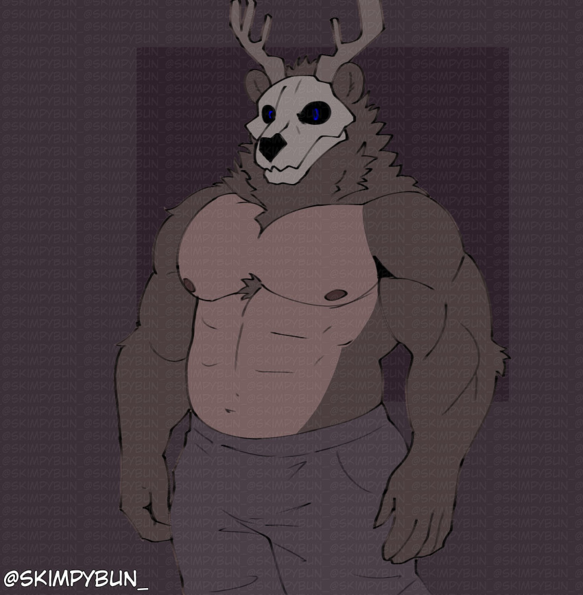 2024 5_fingers abs american_mythology anthro barazoku bear biceps biped black_sclera blue_eyes brown_body brown_fur countershade_fur countershading fingers fur hi_res hybrid indigenous_north_american_mythology male mammal muscular muscular_anthro muscular_male mythology north_american_mythology pecs shorts_only skimpybun solo wendigo yellow_body yellow_countershading yellow_fur