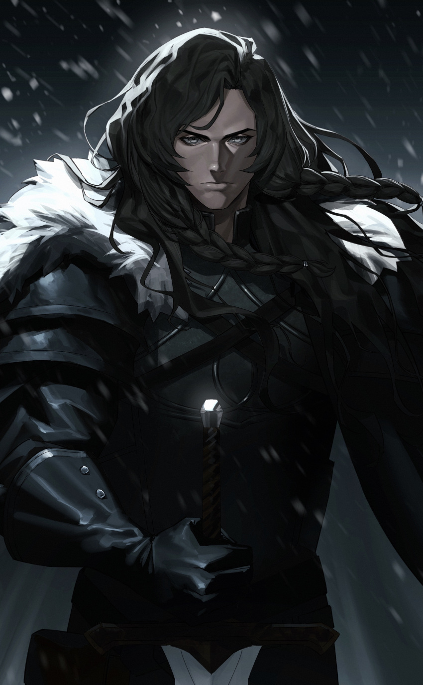 1boy absurdres armor black_gloves black_hair braid closed_mouth commission dark-skinned_male dark_skin emo37337640 fur_trim gauntlets gloves grey_eyes highres holding holding_sword holding_weapon long_hair looking_at_viewer male_focus original skeb_commission snowing solo sword weapon