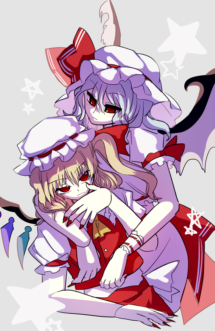 2girls absurdres ascot bat_wings buttons closed_mouth flandre_scarlet grey_background hat hat_ribbon highres ichirugi looking_at_another mob_cap multicolored_wings multiple_girls nail_polish puffy_short_sleeves puffy_sleeves red_eyes red_nails red_ribbon red_skirt red_vest remilia_scarlet ribbon ribbon-trimmed_headwear ribbon_trim shirt short_sleeves siblings simple_background sisters skirt sleeve_ribbon touhou vest white_hat white_shirt wings yellow_ascot