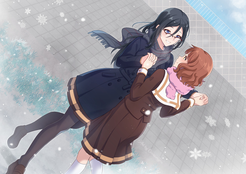 2girls absurdres black_coat black_footwear black_hair black_pantyhose blue_eyes blush brown_hair brown_serafuku brown_shirt cinnamyon closed_mouth coat commentary day dutch_angle english_commentary eye_contact glasses grass grey_scarf hibike!_euphonium highres holding_hands interlocked_fingers kneehighs long_hair long_sleeves looking_at_another medium_hair multiple_girls oumae_kumiko outdoors pantyhose parted_lips pink_scarf plaid plaid_scarf railing scarf school_uniform serafuku shirt smile snowflakes snowing socks tanaka_asuka white_socks yuri