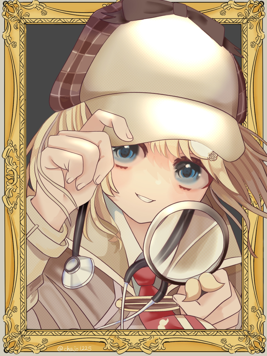 1girl adjusting_clothes adjusting_headwear blonde_hair blue_eyes border brown_coat chajo1225 coat detective eyelashes hair_ornament hairpin hat highres hololive hololive_english looking_at_viewer necktie ornate_border outside_border picture_frame portrait red_necktie short_hair smile solo stethoscope teeth virtual_youtuber watson_amelia watson_amelia_(1st_costume)