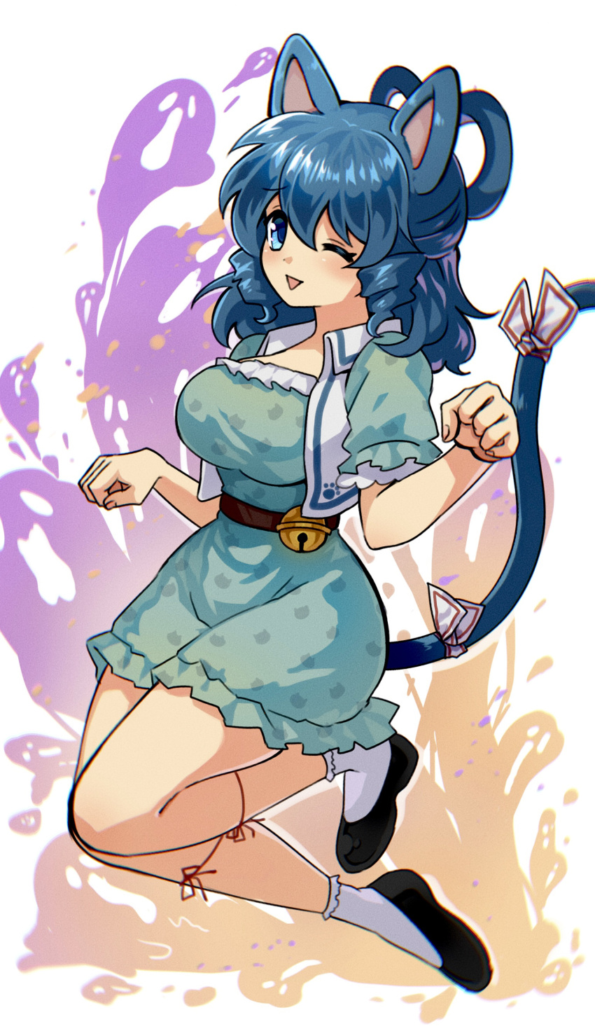 1girl ;d absurdres animal_ears animal_print aqua_dress bell black_footwear blue_dress blue_eyes blue_hair blush breasts cat_ears cat_girl cat_print cat_tail commentary dress drill_hair english_commentary frilled_sleeves frills full_body hair_ribbon hair_rings half_updo hands_up high_heels highres jingle_bell kaku_seiga kemonomimi_mode knees_together_feet_apart large_breasts looking_at_viewer medium_hair oekaki one_eye_closed paw_pose print_dress puffy_short_sleeves puffy_sleeves pumps ribbon short_sleeves simple_background smile socks solo tail touhou tress_ribbon twin_drills white_background white_socks xantam0129