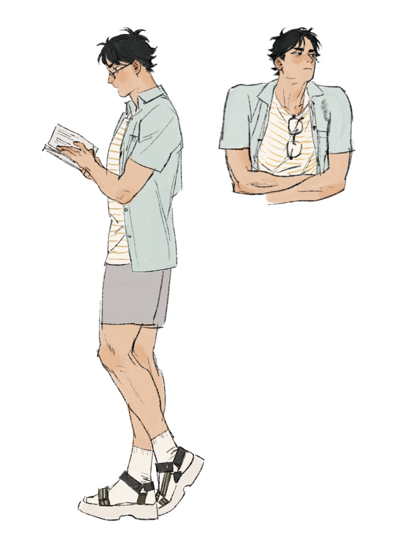 1boy akaashi_keiji ankle_socks black_hair blue_eyes book chengongzi123 cropped_torso full_body glasses grey_shorts haikyuu!! hands_up highres holding holding_book looking_at_object looking_to_the_side male_focus multiple_views reading sandals shirt short_hair shorts simple_background socks striped_clothes striped_shirt unworn_eyewear very_short_hair walking white_background white_socks