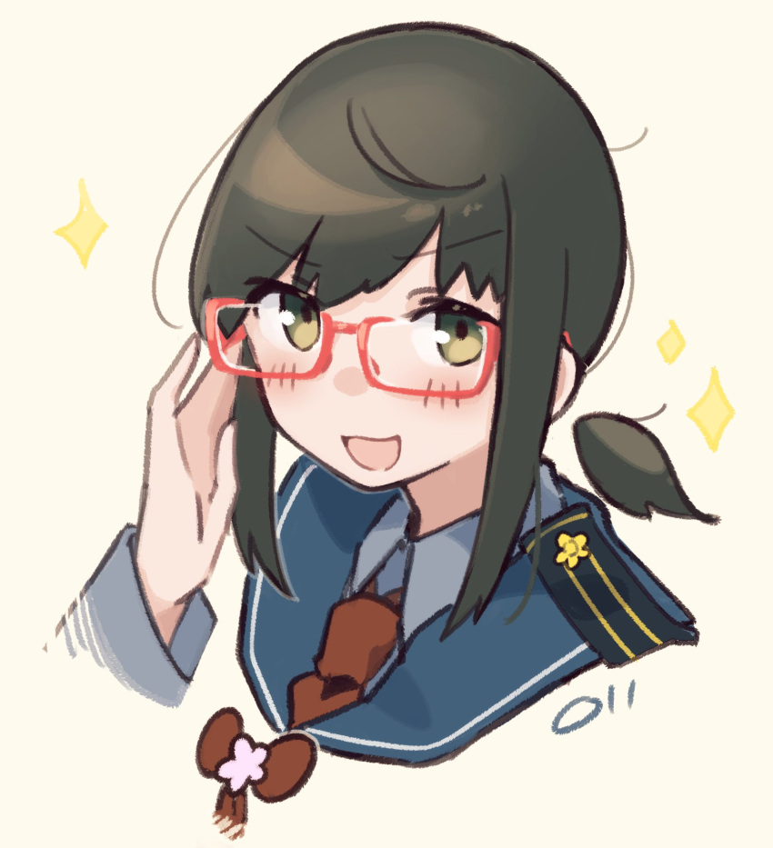 1girl :d adjusting_eyewear bespectacled blue_sailor_collar blush brown_hair collared_shirt cosplay detached_hair fubuki_(kancolle) glasses green_eyes hair_between_eyes hand_up highres kantai_collection long_sleeves looking_at_viewer low_ponytail ma_rukan medium_hair necktie ooyodo_(kancolle) ooyodo_(kancolle)_(cosplay) open_mouth portrait red-framed_eyewear red_necktie sailor_collar semi-rimless_eyewear shirt sidelocks signature simple_background smile solo sparkle under-rim_eyewear white_shirt wing_collar yellow_background