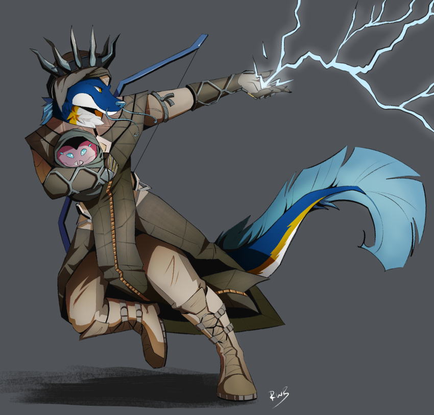 2023 action_pose anthro armor blue_body blue_fur boots bottomwear bow_(weapon) bracers clothed clothing destiny_(video_game) destiny_2 detailed digital_media_(artwork) dragon eastern_dragon electricity electricity_manipulation elemental_manipulation eliksni fighting_pose footwear full-length_portrait fully_clothed fur gloves grin hair handwear headgear helmet hi_res horn lightning lightning_bolt long_tail magic_user male mane mane_hair mythological_creature mythological_scalie mythology pants portrait pose prismfloof raised_arm ranged_weapon robe running rwbandit scalie shaded shadow signature simple_background smile solo tail weapon white_body white_fur yellow_body yellow_eyes yellow_fur