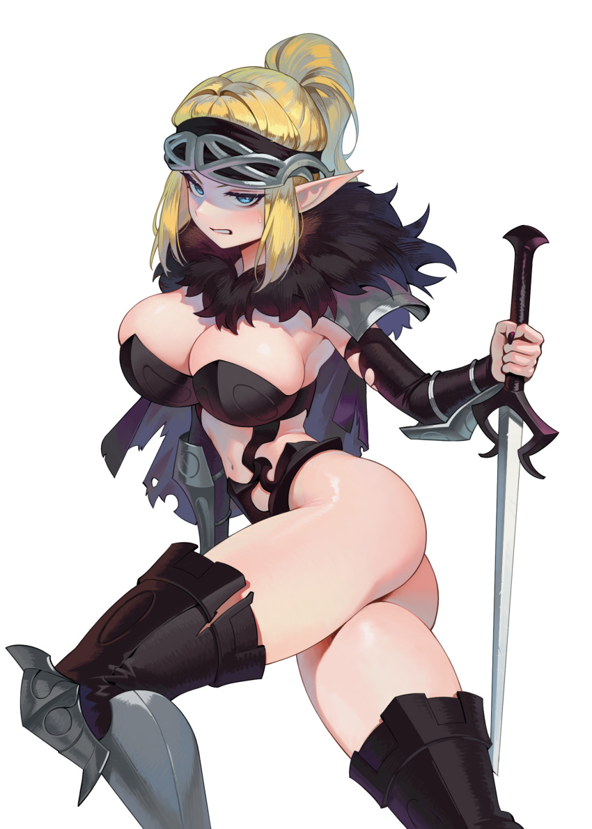1girl armored_boots ass blonde_hair blue_eyes boots breasts character_request cleavage clenched_teeth elf from_side fur_trim gemi_ningen highres large_breasts large_pectorals long_hair looking_at_viewer navel partially_shaded_face pectorals pointy_ears ponytail revealing_clothes solo standing teeth thighhighs thighs unicorn_overlord weapon white_background