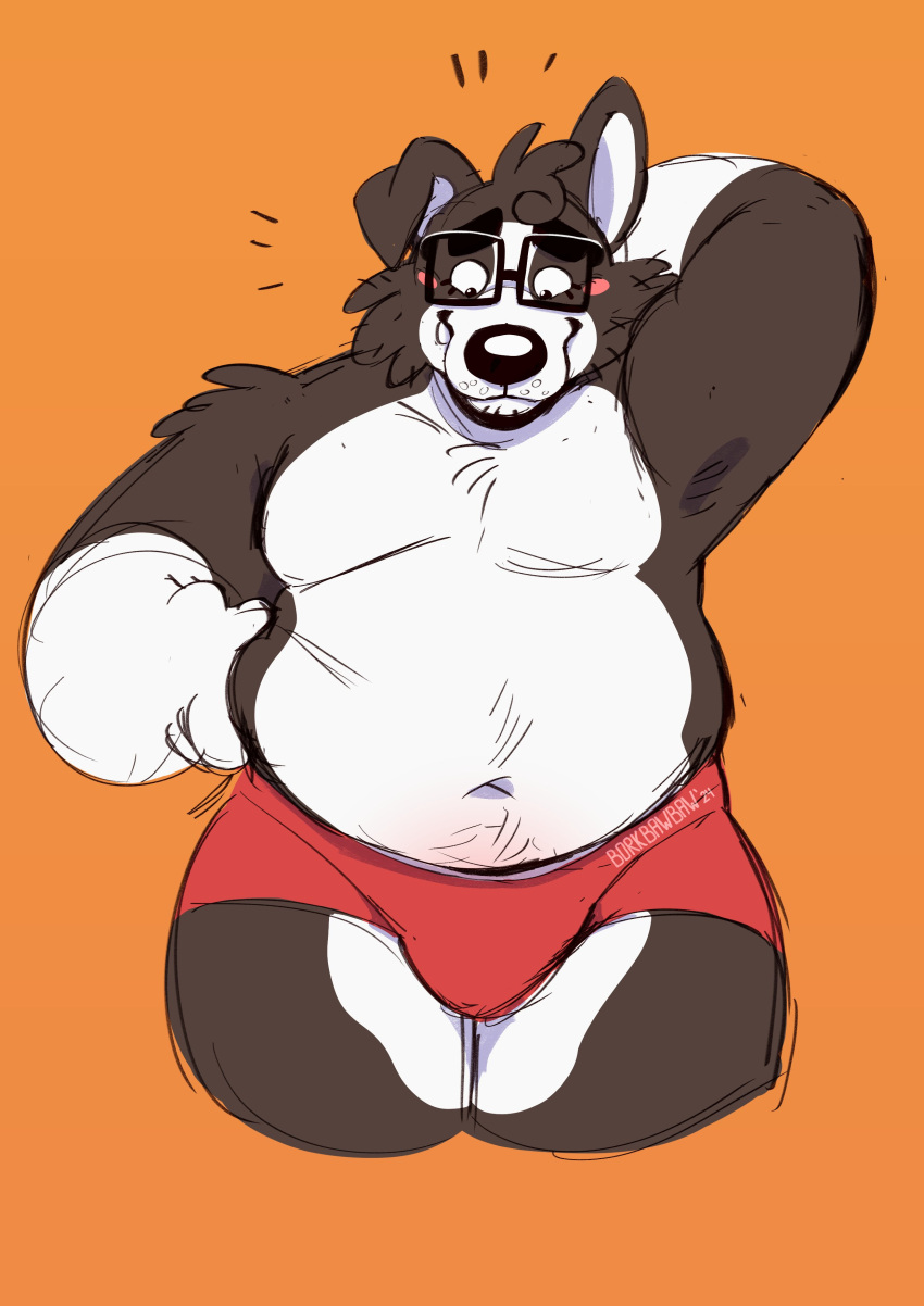 2024 absurd_res anthro belly big_belly black_body black_nose blush borkbawbaw bulge canid canine canis clothing domestic_dog hi_res male mammal navel overweight overweight_male simple_background solo underwear white_body