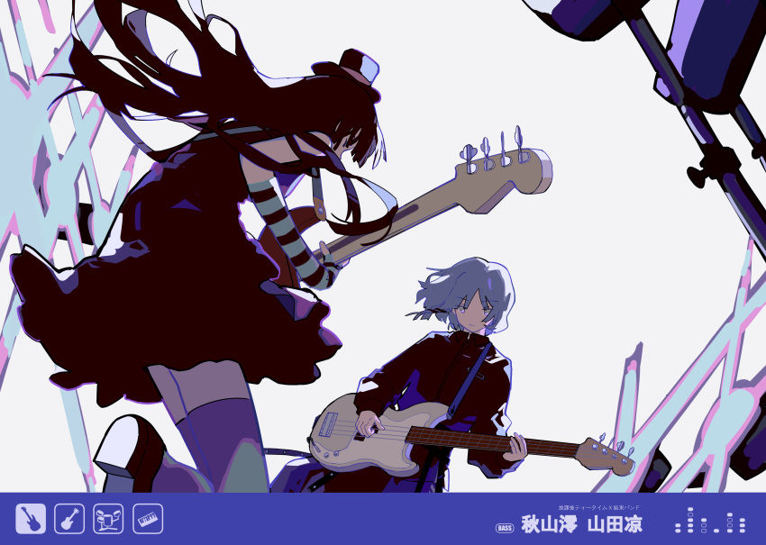 2girls absurdres akiyama_mio bass_guitar black_dress black_hair black_shirt blue_hair bocchi_the_rock! crossover detached_sleeves don't_say_"lazy" dress electric_guitar expressionless fender_precision_bass floating_hair gloves guitar hat highres hime_cut holding holding_instrument instrument jacket k-on! long_hair long_sleeves mini_hat mini_top_hat multiple_girls music null024 playing_instrument shirt shoe_soles short_hair standing thighhighs top_hat track_jacket upper_body white_background yamada_ryo