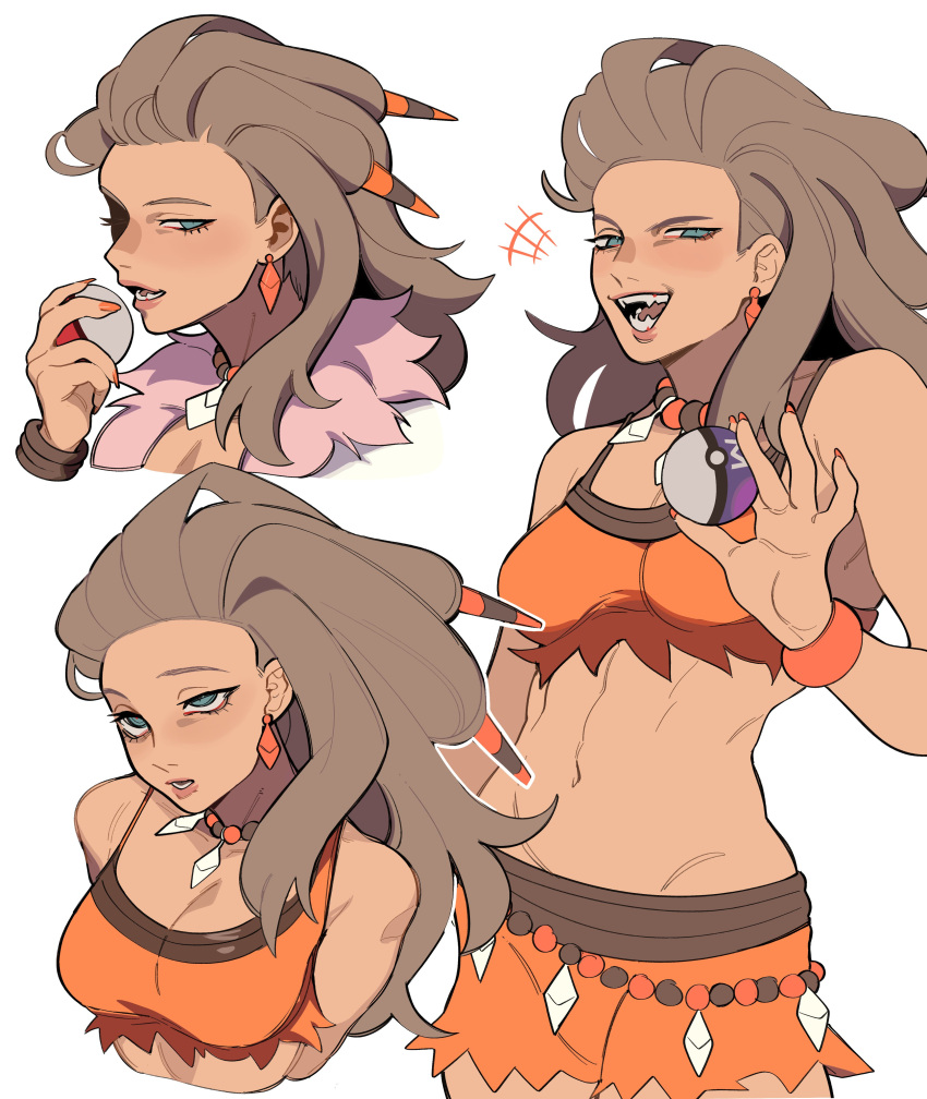 1girl absurdres arms_behind_back blue_eyes blush brown_hair close-up crop_top dark-skinned_female dark_skin earrings fangs from_side highres holding holding_poke_ball jewelry midriff multiple_views necklace orange_nails orange_shirt orange_shorts parted_lips poke_ball pokemon pokemon_sv porqueloin portrait sada_(pokemon) shirt shorts tongue