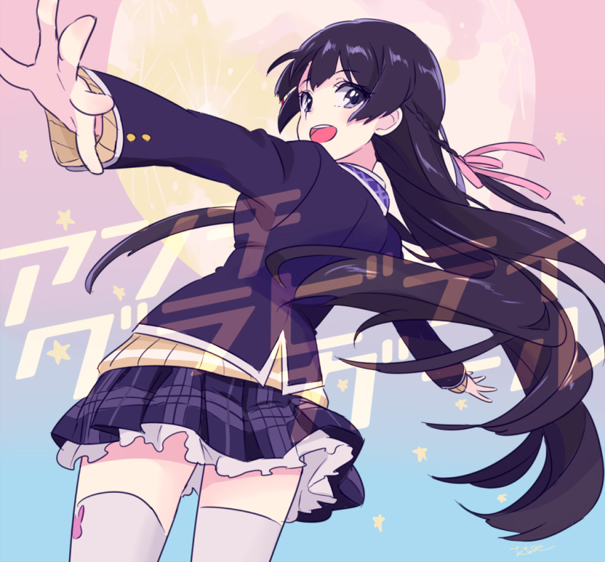 1girl :d black_hair black_jacket blazer braid from_behind gradient_background hair_ornament hair_ribbon jacket kise_(swimmt) long_hair long_sleeves looking_at_viewer looking_back nijisanji open_mouth outstretched_arms plaid plaid_skirt ribbon school_uniform skirt smile solo thighhighs tsukino_mito tsukino_mito_(1st_costume) very_long_hair virtual_youtuber white_thighhighs