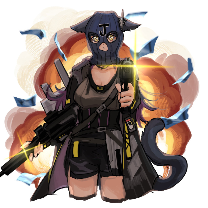 1girl aiming aiming_at_viewer arknights balaclava black_hair black_shorts blue_archive cat_girl cat_tail commentary cropped_legs crying crying_with_eyes_open explosion gun highres holding holding_gun holding_weapon jessica_(arknights) jessica_the_liberated_(arknights) parody shorts solo symbol-only_commentary tail tears weapon yellow_eyes yuec