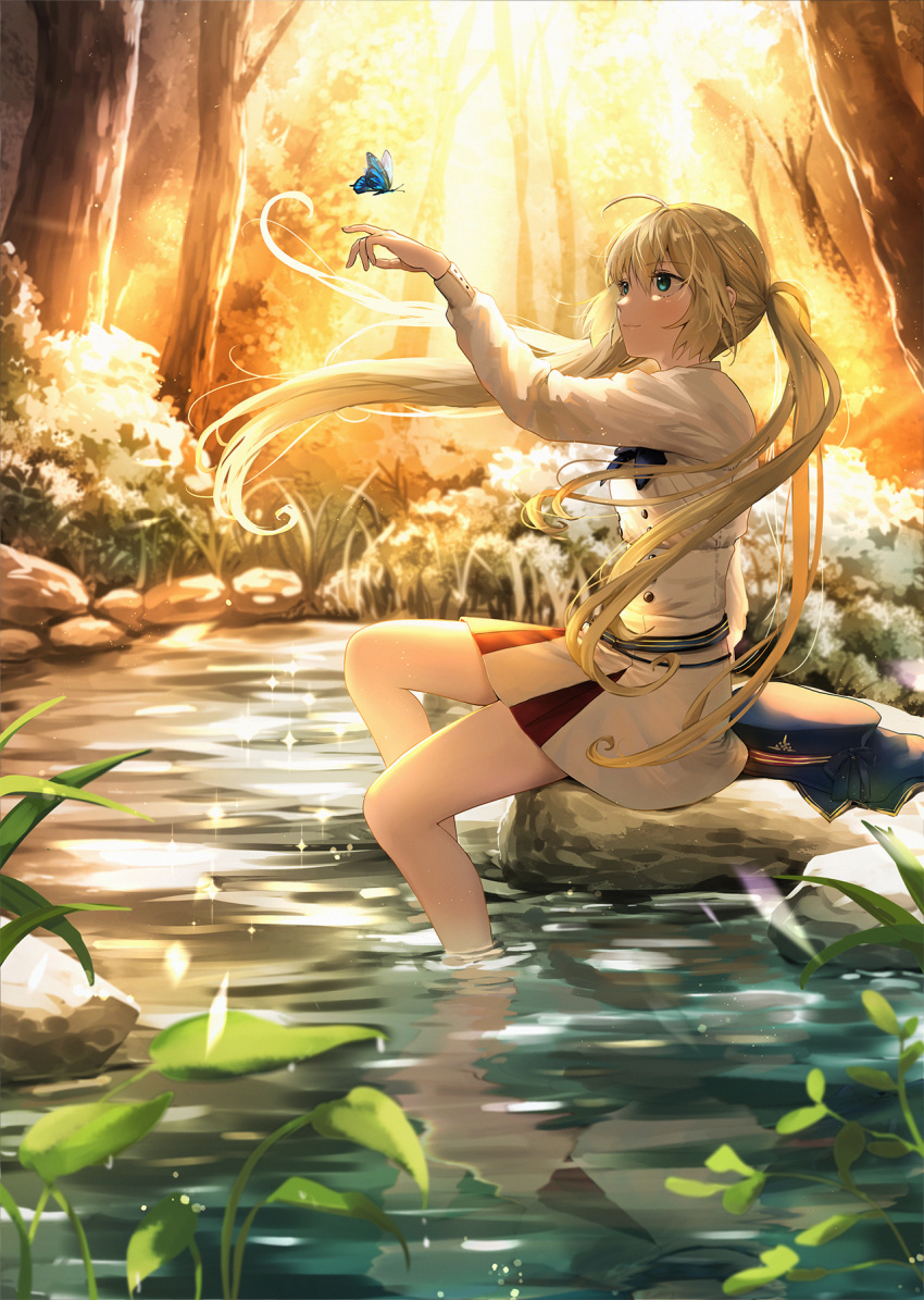 1girl artoria_caster_(fate) artoria_caster_(second_ascension)_(fate) artoria_pendragon_(fate) bare_legs belt beret blue_belt blue_bow bow bug butterfly buttons fate/grand_order fate_(series) forest green_eyes hat highres long_sleeves nature omizu_(omz) shirt skirt sunlight tree water white_shirt white_skirt