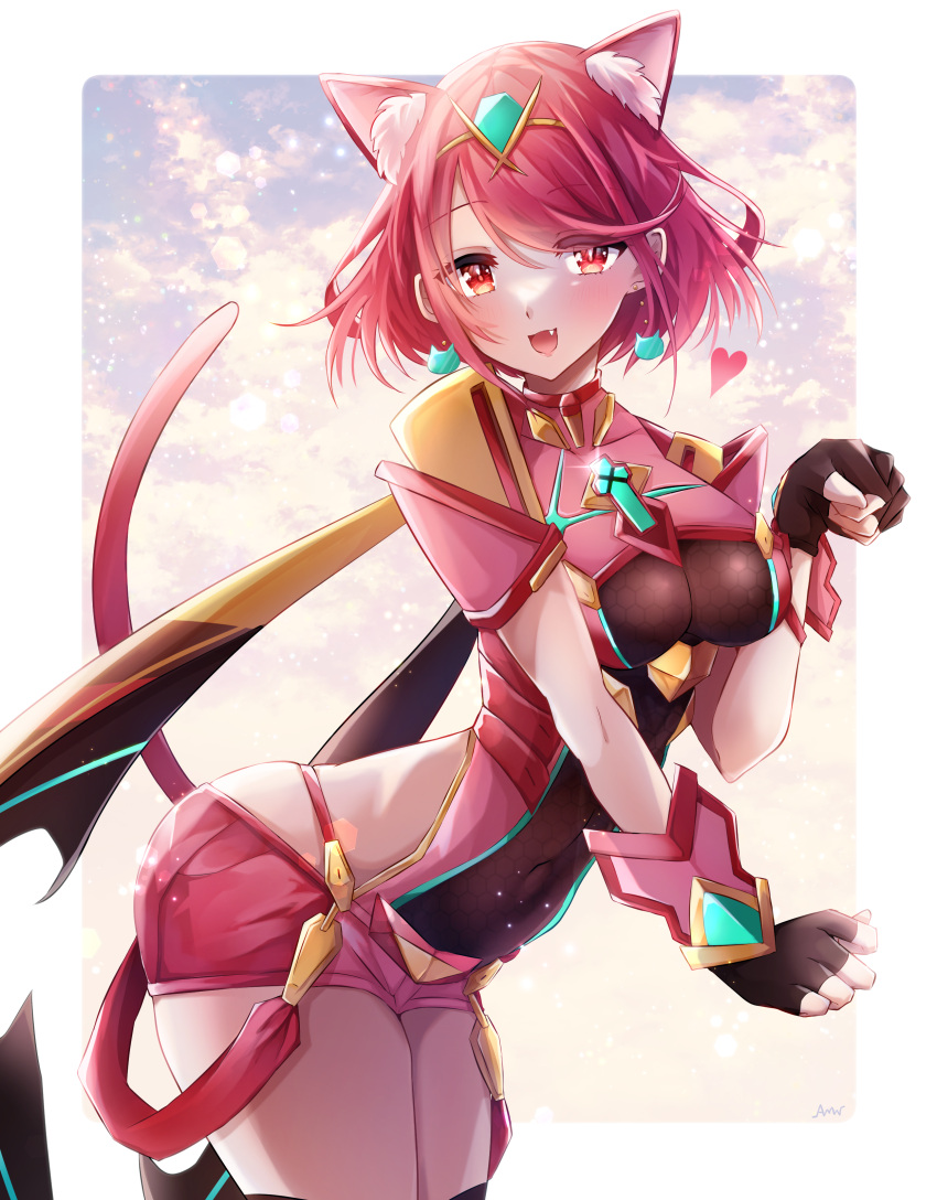 1girl absurdres amanoru_mozuku animal_ears blush breasts cat_earrings cat_ears cat_girl cat_tail core_crystal_(xenoblade) covered_navel cowboy_shot drop_earrings earrings fang fingerless_gloves gloves heart highres impossible_clothes jewelry large_breasts leaning_forward looking_at_viewer paw_pose pyra_(xenoblade) red_eyes red_hair red_shorts red_tail short_hair short_shorts shorts solo swept_bangs tail thighhighs tiara xenoblade_chronicles_(series) xenoblade_chronicles_2