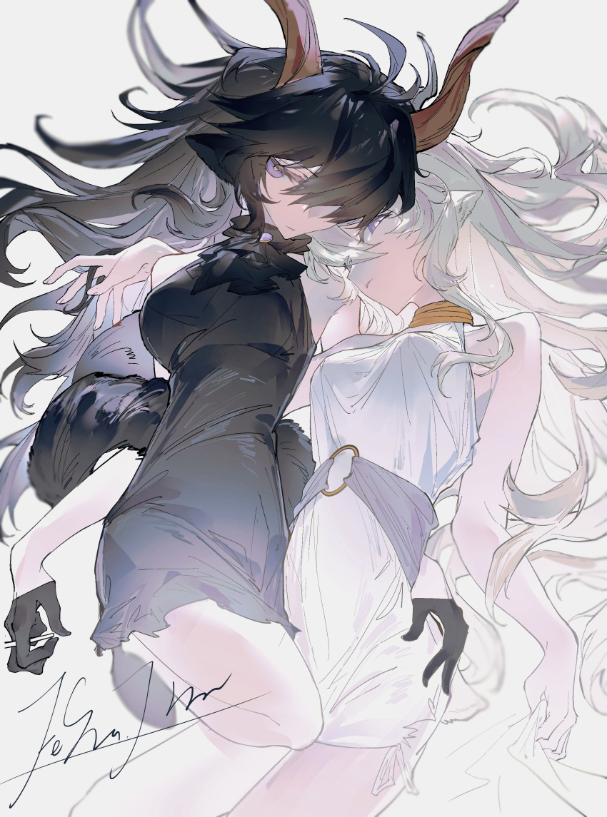 2girls absurdres animal_ears arknights ascot bare_shoulders black_ascot black_dress black_footwear black_gloves black_hair closed_mouth cowboy_shot dress ebenholz_(arknights) fangheguishan53581 fur_shawl genderswap genderswap_(mtf) gloves goat_ears goat_girl goat_horns half_gloves hand_on_another's_waist highres horns kreide_(arknights) long_hair looking_at_viewer multiple_girls purple_eyes shawl signature sleeveless sleeveless_dress very_long_hair white_dress white_hair yuri