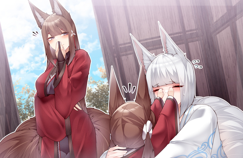 3girls absurdres age_difference amagi-chan_(azur_lane) amagi_(azur_lane) animal_ear_fluff animal_ears azur_lane blue_sky blunt_bangs blush breasts bridal_gauntlets brown_hair closed_eyes cloud cloudy_sky commentary covered_eyes dated_commentary flying_sweatdrops fox_ears fox_girl fox_tail hair_ornament hand_up hands_on_another's_face highres hug japanese_clothes kaga_(azur_lane) kimono kitsune kneeling kyuubi large_breasts long_hair looking_at_another looking_to_the_side multiple_girls multiple_tails purple_eyes red_kimono samip short_hair sidelocks sky smile standing sweatdrop tail thick_eyebrows twintails white_hair white_kimono wide_sleeves wooden_wall