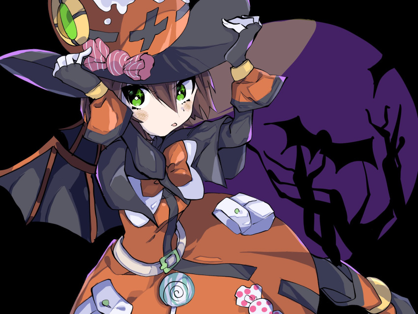 1girl aile_(mega_man_zx) black_background black_capelet blush boots brown_hair capelet dress green_eyes halloween highres koshianpancake mega_man_(series) mega_man_x_(series) mega_man_x_dive mega_man_zx official_alternate_costume orange_dress orange_footwear orange_hat short_hair solo tongue tongue_out wings