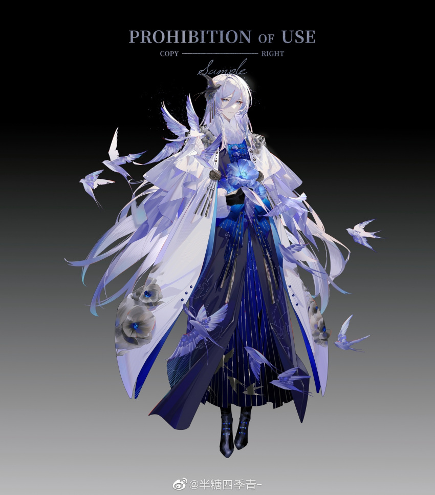 1boy alternate_costume alternate_eye_color ban_tang_siji_qing bird bird_hair_ornament black_background black_coat black_flower black_footwear black_gloves blue_cape blue_eyes blue_flower blue_hakama blue_robe blue_sash boots buttons cael_anselm cape clenched_hand closed_mouth coat floral_print flower flower_button flower_ornament fur-trimmed_sleeves fur_scarf fur_trim gloves gradient_background hair_between_eyes hair_flower hair_ornament hakama highres japanese_clothes long_bangs long_hair long_sleeves looking_at_viewer lovebrush_chronicles male_focus robe sash smile solo standing tassel tassel_hair_ornament two-sided_cape two-sided_fabric very_long_hair white_cape white_hair