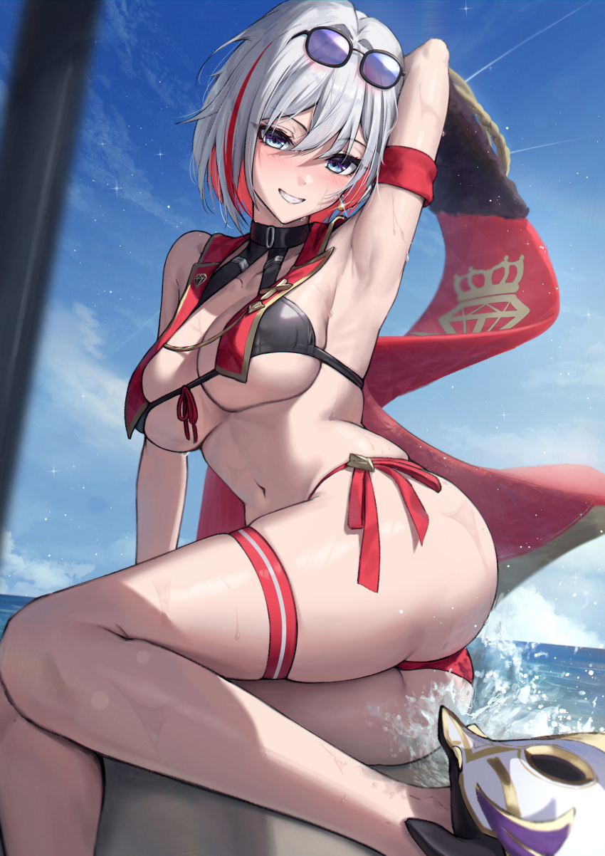 1girl absurdres arm_behind_head arm_up armband armpits ass bakemonsou bare_shoulders bikini black_bikini blue_eyes blue_sky blush breasts cameltoe cape cleavage commentary_request eyewear_on_head grin hair_between_eyes highres honkai:_star_rail honkai_(series) huge_ass large_breasts looking_at_viewer medium_hair midriff navel numby_(honkai:_star_rail) red_cape red_hair red_ribbon ribbon sideboob sitting sky smile splashing stretching sweat swimsuit thick_thighs thigh_strap thighs topaz_(honkai:_star_rail) trotter_(honkai:_star_rail) underboob water white_hair wide_hips