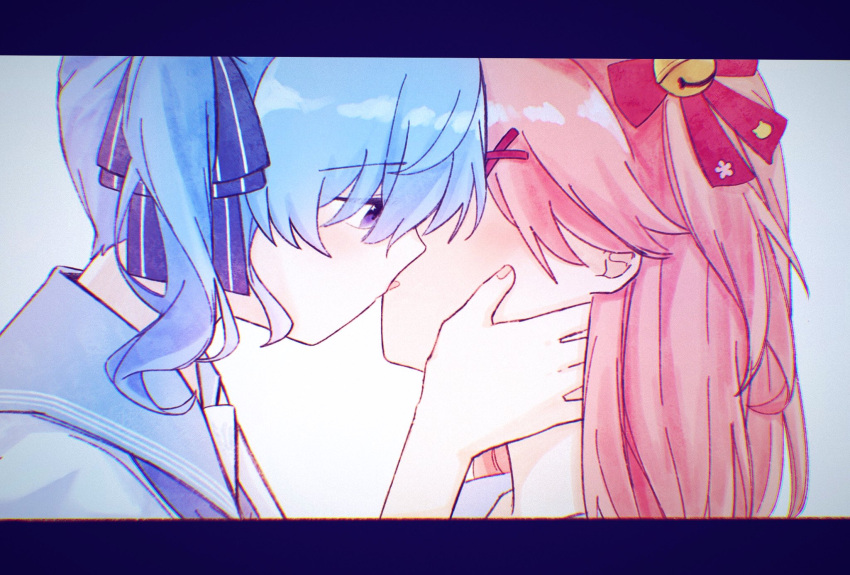 2girls bell blue_eyes blue_hair blue_ribbon blue_sailor_collar face-to-face hair_bell hair_ornament hair_ribbon hand_on_another's_face highres hololive hoshimachi_suisei jingle_bell kiss letterboxed long_hair medium_hair multiple_girls pink_hair portrait ribbon sailor_collar sakura_miko side_ponytail simple_background star_(symbol) star_in_eye symbol_in_eye virtual_youtuber white_background x_hair_ornament yumi5469 yuri