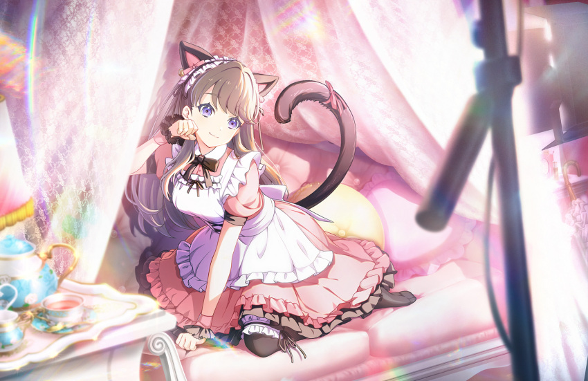 1girl :3 animal_ears apron bell black_pantyhose black_ribbon blurry blurry_foreground brown_hair cat_ears cat_tail closed_mouth collared_dress cup dress fake_animal_ears fake_tail frilled_apron frilled_dress frills fujishima_megumi game_cg hair_bell hair_ornament head_tilt highres lens_flare link!_like!_love_live! long_hair looking_at_viewer love_live! m's_one_day_(love_live!) maid_headdress neck_ribbon no_shoes official_art on_bed pantyhose paw_pose pillow pink_dress puffy_short_sleeves puffy_sleeves purple_eyes ribbon saucer short_sleeves sitting solo tail tea tea_set teacup teapot third-party_source tray virtual_youtuber wariza white_apron