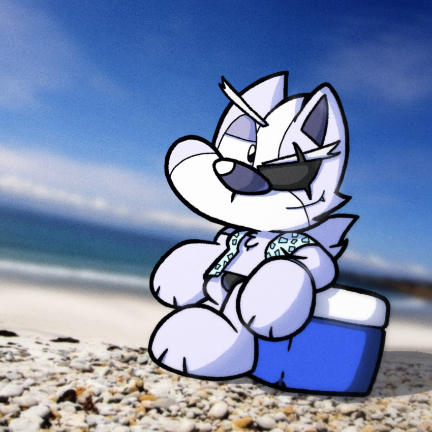 aloha_shirt anthro beach canid canine canis clothing cooler hi_res male male/male mammal nintendo pattern_clothing pattern_shirt pattern_topwear photo_background photography_(artwork) saturn_space_04 shirt solo speedo star_fox swimwear topwear wolf wolf_o'donnell