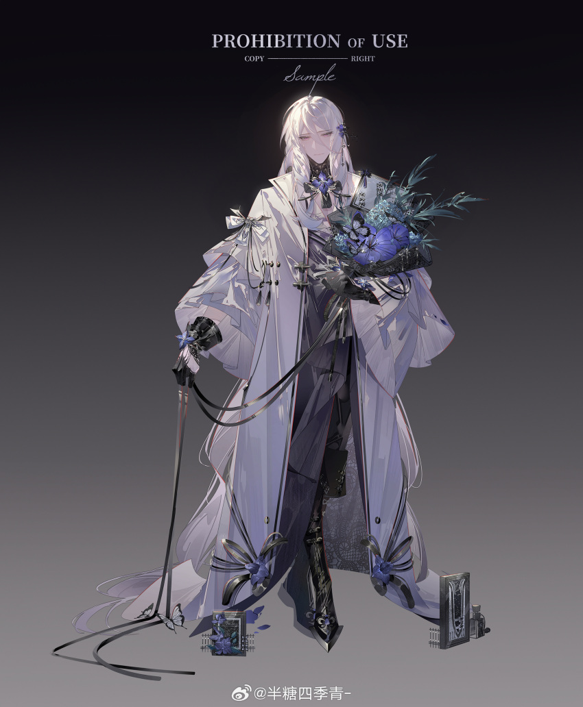 1boy absurdres alternate_costume ban_tang_siji_qing bell_sleeves black_background black_footwear black_gloves black_pants black_ribbon blue_flower boots bottle bouquet bug butterfly cael_anselm card closed_mouth coat crossed_legs detached_collar expressionless flower flower_brooch fold-over_boots frilled_sleeves frills glint gloves gradient_background grey_background grey_robe hair_between_eyes hair_flower hair_ornament highres holding holding_bouquet holding_ribbon iris_(flower) lace leaf long_bangs long_coat long_hair long_sleeves looking_at_viewer lovebrush_chronicles male_focus neck_ribbon open_clothes open_coat pants pectoral_cleavage pectorals perfume_bottle photo_(object) purple_eyes purple_flower ribbon ringlets robe sample_watermark shirt sidelocks sleeve_ribbon solo standing two-tone_gloves very_long_hair watermark watson_cross wavy_hair weibo_logo weibo_watermark white_butterfly white_coat white_gloves white_hair white_ribbon white_shirt