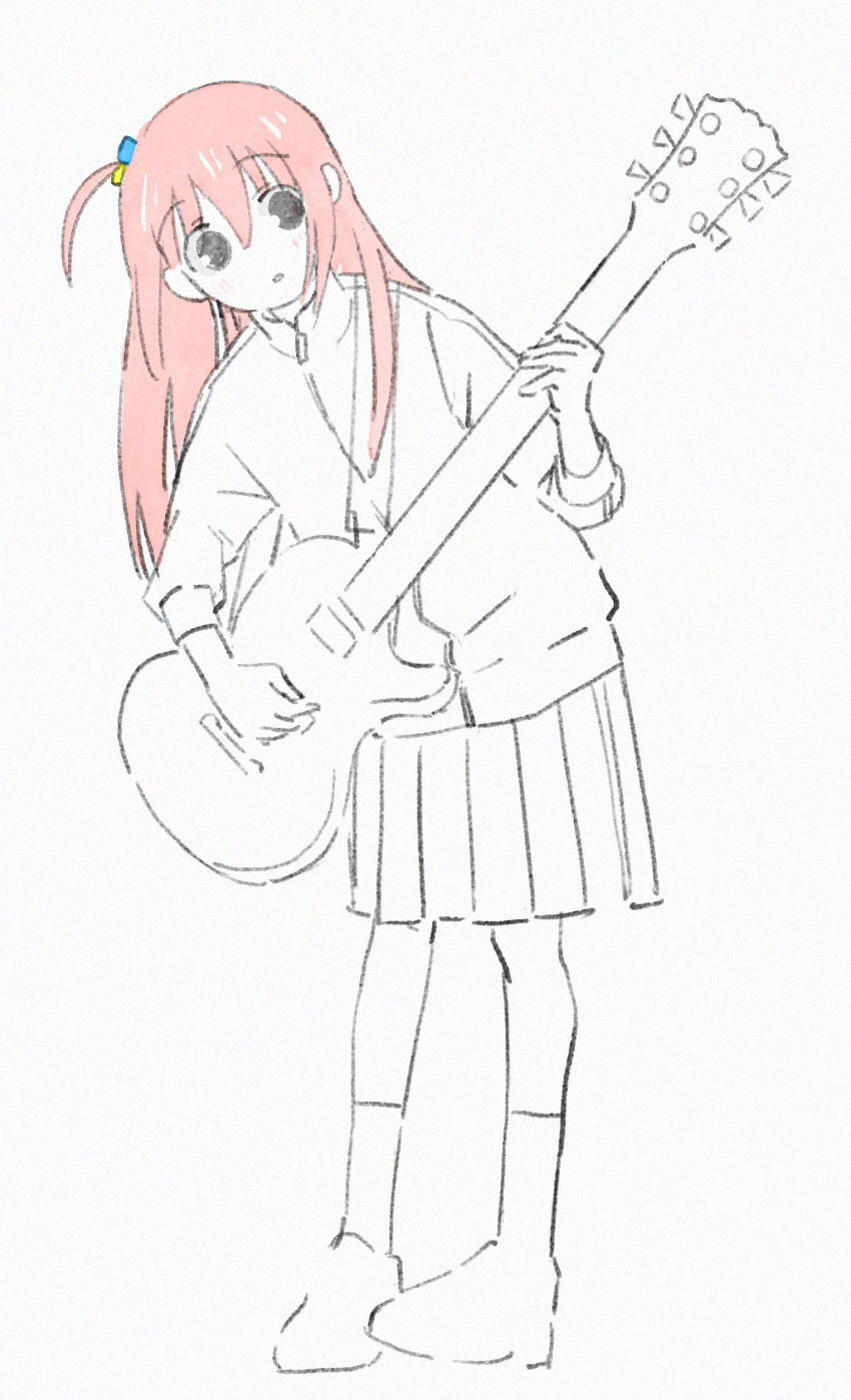 1girl absurdres bocchi_the_rock! gotoh_hitori guitar highres holding holding_instrument instrument jacket long_hair music pink_hair playing_instrument shoes socks solo track_jacket watamoke white_socks zipper