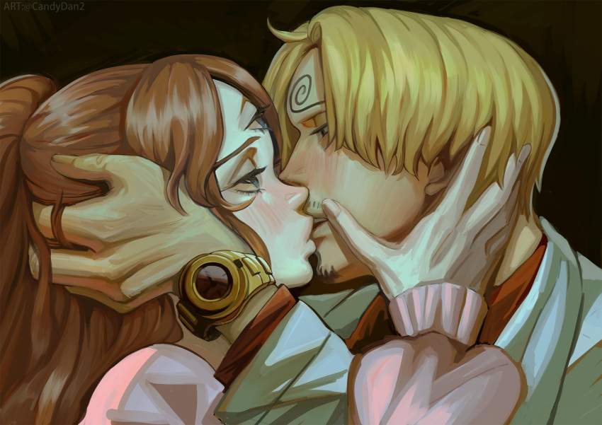 1boy 1girl black_background blonde_hair blue_eyes blush brown_hair charlotte_pudding couple curly_eyebrows english_commentary eye_contact facial_hair full-face_blush hand_on_another's_face hetero highres jacket juliet_sleeves kiss lips long_hair long_sleeves looking_at_another one_piece puffy_sleeves red_shirt rita_ya sanji_(one_piece) shirt short_hair third_eye twintails twitter_username watch white_jacket wristwatch