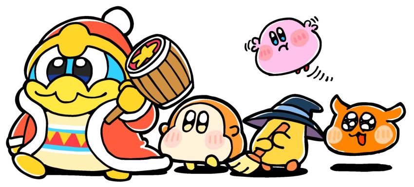 bkub black_eyes blue_eyes blue_hat blush blush_stickers broom broom_hatter closed_mouth frown fur_trim hammer hat holding holding_broom holding_hammer holding_weapon king_dedede kirby kirby_(series) no_humans open_mouth red_hat red_robe robe scarfy simple_background smile star_(symbol) waddle_dee weapon white_background witch_hat yellow_eyes