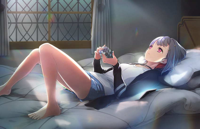 1girl barefoot bedroom black_choker black_jacket blue_shorts bob_cut breasts cellphone choker colored_inner_hair dappled_moonlight diagonal_bangs game_cg grey_hair hair_ornament head_on_pillow highres holding hood hooded_jacket indoors inverted_bob iphone jacket lens_flare light_frown link!_like!_love_live! long_sleeves looking_up love_live! lying moonlight multicolored_hair night o-ring o-ring_choker official_alternate_costume official_art on_back on_bed open_clothes open_jacket phone pink_eyes red_hair rubik's_cube short_hair short_shorts shorts small_breasts smartphone solo star_(symbol) star_hair_ornament streaked_hair tank_top third-party_source virtual_youtuber white_tank_top window yugiri_tsuzuri