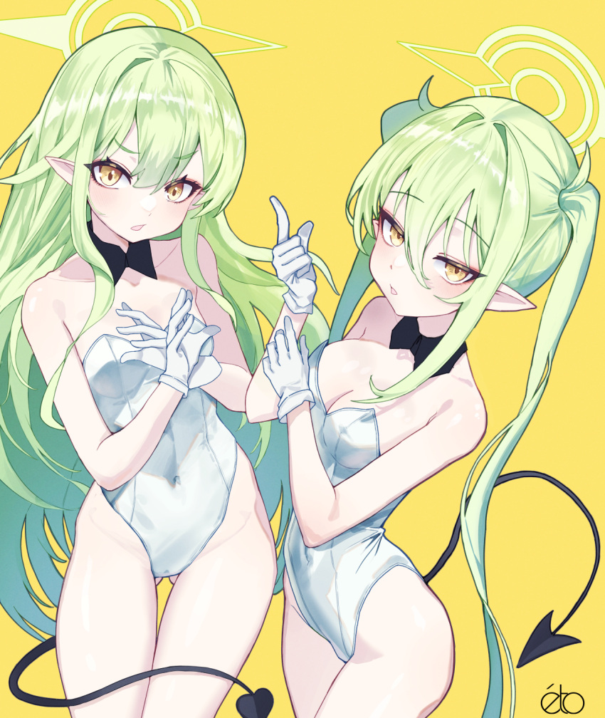 2girls ahneato alternate_costume artist_name ass_visible_through_thighs bare_shoulders blue_archive blush breasts demon_tail detached_collar gloves green_hair halo highres hikari_(blue_archive) leotard looking_at_viewer medium_breasts multiple_girls nozomi_(blue_archive) pointy_ears siblings sidelocks simple_background sisters small_breasts strapless strapless_leotard tail thigh_gap twins twintails white_gloves white_leotard yellow_background