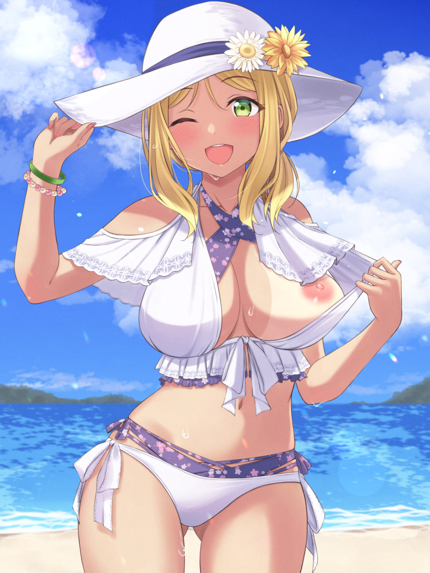 1girl bare_shoulders bikini blonde_hair blue_sky bra breasts cloud fingernails green_eyes hat hat_ornament highres large_breasts layered_bikini looking_at_viewer love_live! love_live!_sunshine!! mobukichi mountainous_horizon navel nipples ocean ohara_mari one_eye_closed open_bikini open_clothes open_mouth sky smile sun_hat swimsuit tan underwear white_bikini