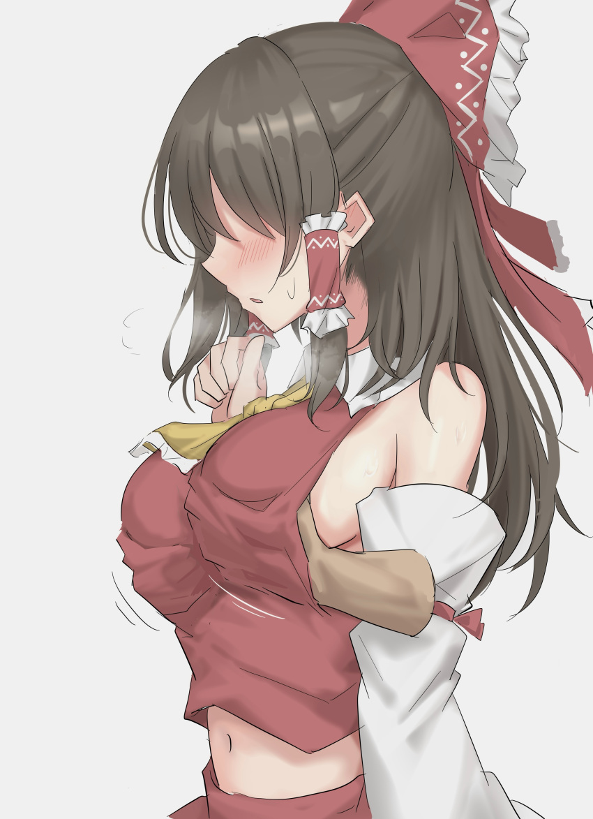 1girl absurdres ascot bare_shoulders blush bow breasts brown_hair collared_vest commentary_request detached_sleeves disembodied_limb frilled_bow frilled_hair_tubes frills grabbing grabbing_another's_breast groping hair_bow hair_tubes hakurei_reimu hand_up highres long_hair long_sleeves medium_breasts midriff navel no_eyes open_mouth red_bow red_skirt red_vest sidelocks simple_background skirt skirt_set solo steam steam_from_mouth sweatdrop touhou upper_body vest white_background white_sleeves wing_collar yellow_ascot youmu-kun
