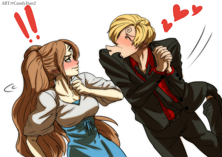 ! !! 1boy 1girl absurdres belt black_footwear black_jacket black_necktie black_pants blonde_hair blue_dress blue_eyes blush breasts brown_hair charlotte_pudding cleavage closed_eyes closed_mouth collared_shirt dress facial_hair full-face_blush hair_over_one_eye heart hetero highres imminent_kiss interlocked_fingers jacket lips long_hair long_sleeves looking_at_another necktie one_piece own_hands_together pants red_shirt rita_ya sanji_(one_piece) shirt short_hair short_sleeves spoken_exclamation_mark spoken_heart standing standing_on_one_leg third_eye