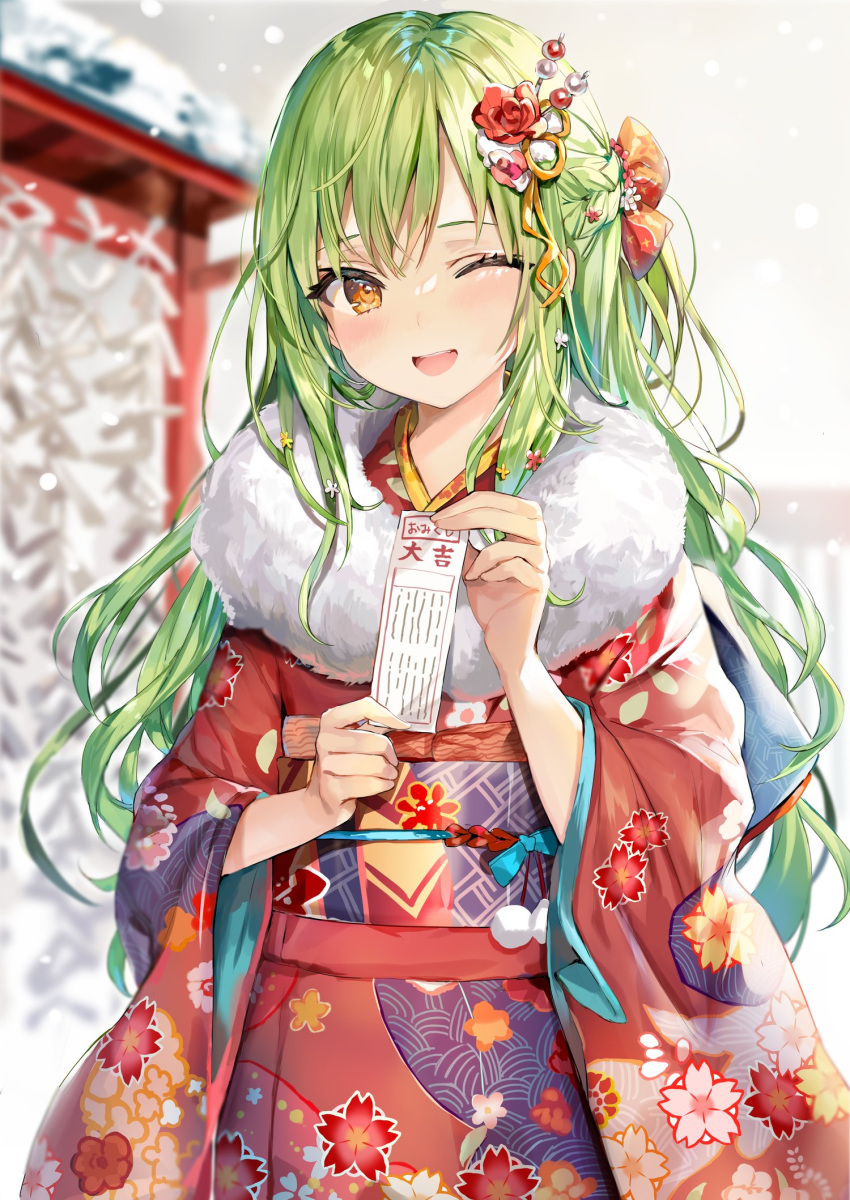 1girl ;d blurry blurry_background blush braid brown_eyes commentary_request depth_of_field eyebrows_hidden_by_hair floral_print floral_print_kimono flower french_braid fur_collar green_hair hair_between_eyes hair_flower hair_ornament hair_ribbon hairclip hatsumoude highres holding japanese_clothes kimono long_hair long_sleeves looking_at_viewer momoko_(momopoco) nengajou new_year obi omikuji one_eye_closed open_mouth original outdoors print_kimono red_flower red_kimono ribbon sash scarf shrine sidelocks smile snow snowing solo standing upper_body variant_set wide_sleeves winter winter_clothes yukari_(momoko)