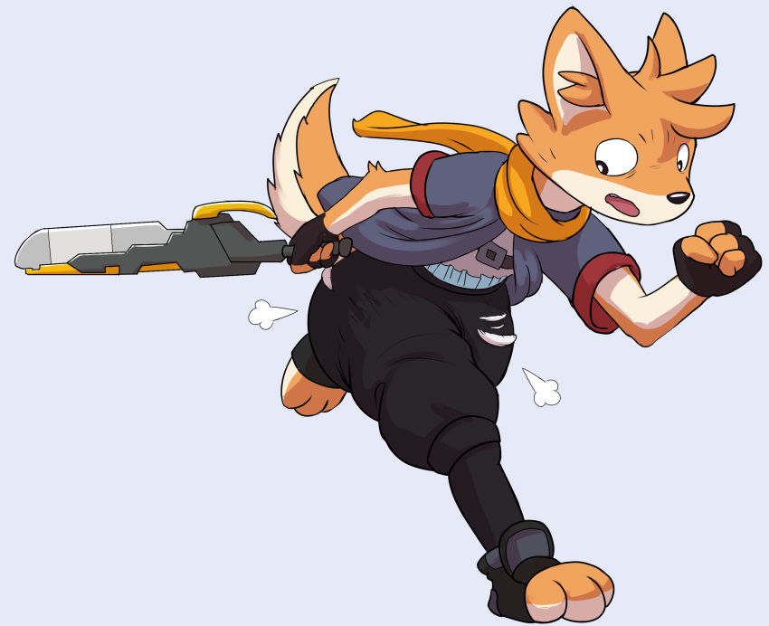 2024 anomaly_collapse anthro bottomwear canid canine canis chaptude clothing diaper domestic_dog fur glitch_(anomaly_collapse) hi_res mammal melee_weapon pants running scarf shiba_inu shocked simple_background solo spitz sword tuft weapon yellow_body yellow_fur