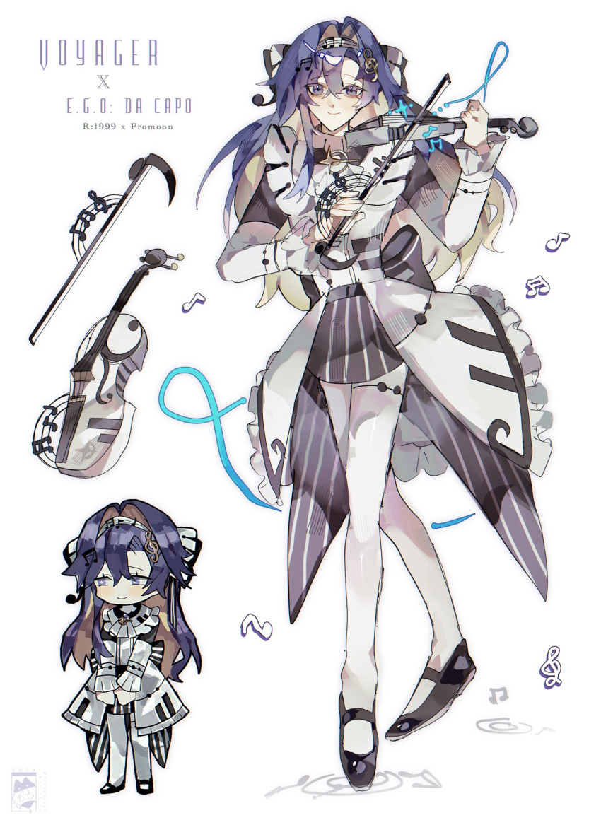 ascot character_request dress e.g.o_(project_moon) hair_ornament highres instrument library_of_ruina long_hair musical_note musical_note_hair_ornament project_moon purple_eyes purple_hair reverse:1999 scythe skirt solo the_silent_orchestra toramledak violin voyager_(reverse:1999) white_ascot white_dress