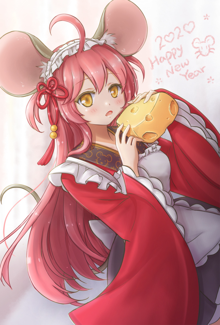 1girl 2020 ahoge animal_ears apron artist_self-insert blush cheese chinese_commentary commentary_request dutch_angle flower_knot food happy_new_year highres holding holding_food japanese_clothes kemonomimi_mode kimono long_hair looking_at_viewer maid_apron maid_headdress mizuki_(mizuki0929) mouse_ears mouse_girl mouse_tail open_mouth original red_hair red_kimono solo tail very_long_hair yellow_eyes