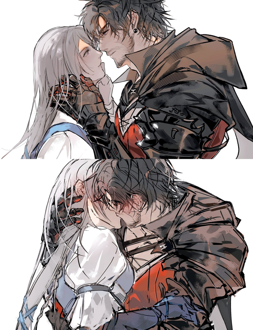 1boy 1girl armored_gloves black_hair braid cape clive_rosfield couple earrings facial_hair final_fantasy final_fantasy_xvi french_kiss gyulseu hair_ribbon hands_on_another's_face hands_on_another's_head highres hug imminent_kiss jewelry jill_warrick kiss long_hair looking_at_another puffy_sleeves ribbon scar scar_on_face short_hair simple_background