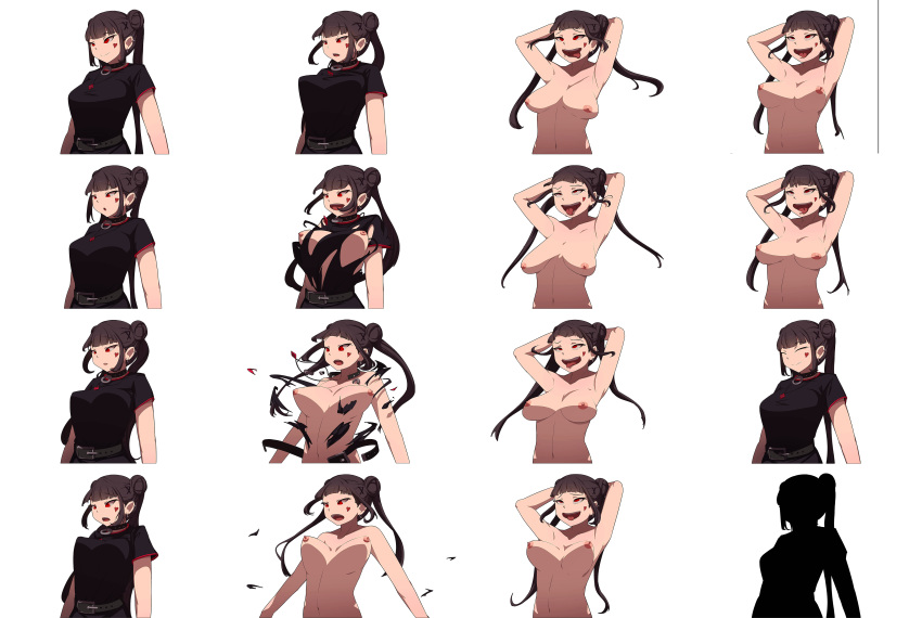 1girl absurdres ahegao bare_shoulders black_dress blush breasts brown_hair cleavage dress embarrassed exploding_clothes facial_tattoo highres huge_breasts large_areolae large_breasts long_hair nani nipples non-web_source open_mouth ponytail puffy_nipples red_eyes sagging_breasts solo tattoo vst