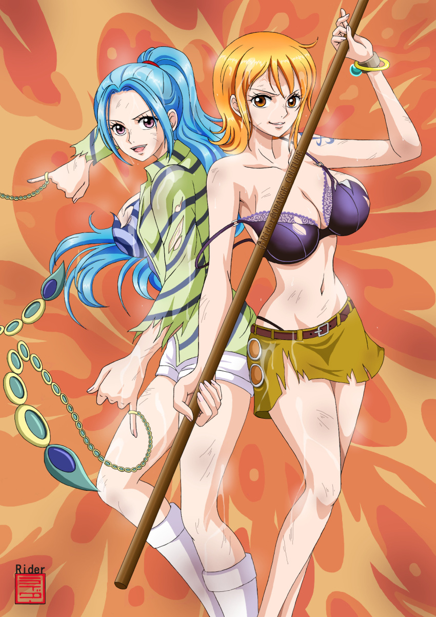 2girls black_bra blue_hair bra bracelet breasts dirty highres holding holding_polearm holding_weapon jewelry large_breasts multiple_girls nami_(one_piece) navel nefertari_vivi one_piece orange_eyes orange_hair polearm ponytail purple_eyes raida_(j5einmnjp3r49k6) shirt skirt striped_clothes striped_shirt torn_clothes underwear weapon yellow_skirt